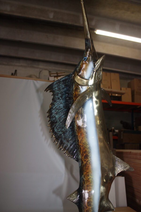 One sailfish on a marble - Bronze Statue -  Size: 17"L x 17"W x 46"H.