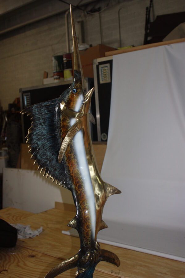 One sailfish on a marble - Bronze Statue -  Size: 17"L x 17"W x 46"H.