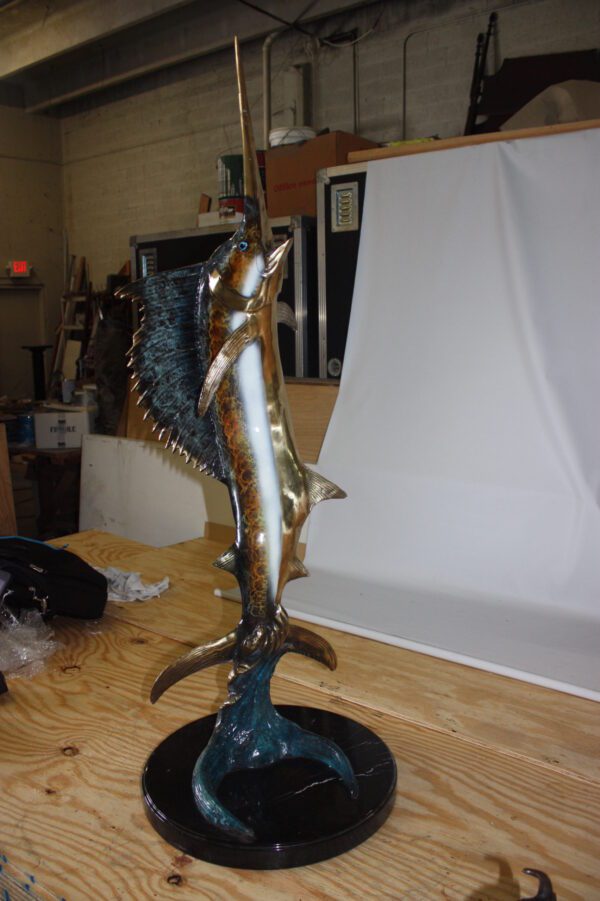 One sailfish on a marble - Bronze Statue -  Size: 17"L x 17"W x 46"H.