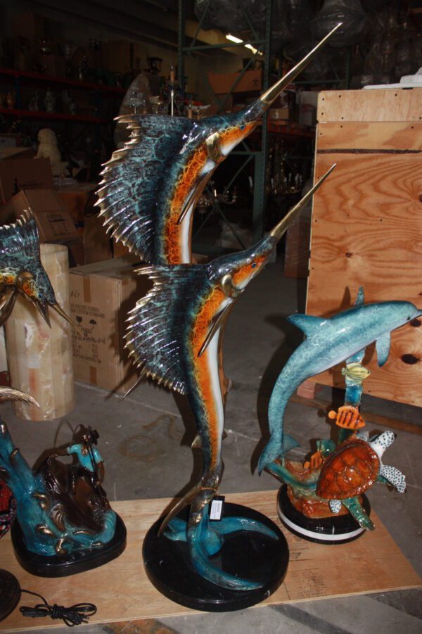 Two Sail fish Bronze Statue on a marble base -  Size: 17"L x 17"W x 56"H.