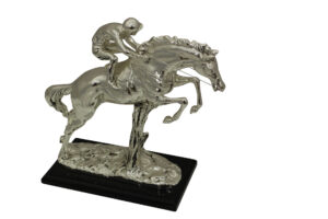 Jockey on Horse Silver Finished  - Bronze Statue -  Size: 13"L x 5"W x 12"H.