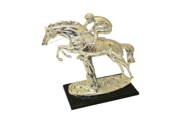 Jockey on Horse Silver Finished  - Bronze Statue -  Size: 13"L x 5"W x 12"H.