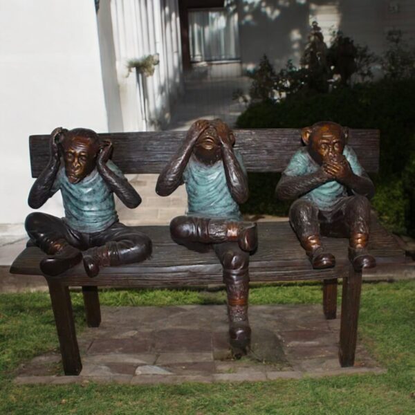 Three Wise Monkeys on Bench Bronze Statue - Image 3