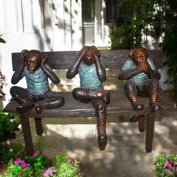 Three Wise Monkeys on Bench Bronze Statue - Image 2
