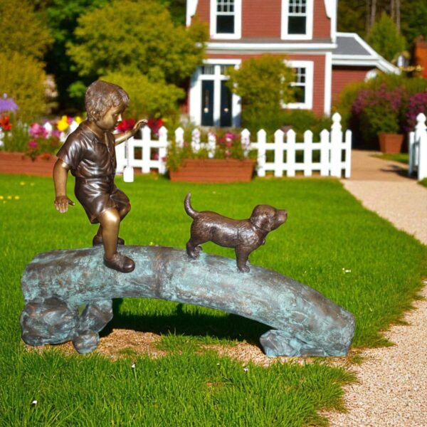 Kid with dog walking on a log Bronze Statue -  Size: 57"L x 18"W x 41"H. - Image 3