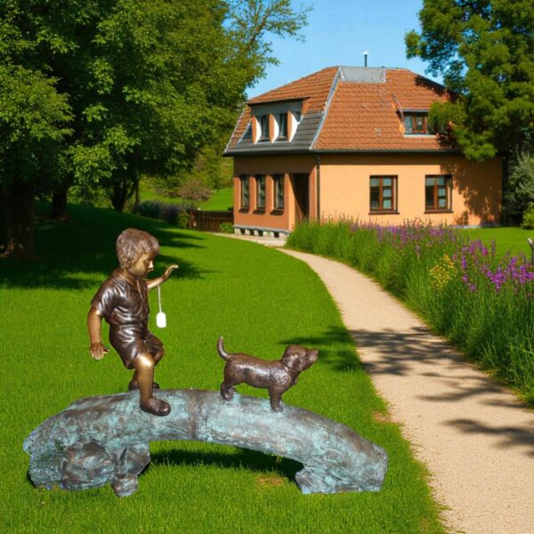Kid with dog walking on a log Bronze Statue -  Size: 57"L x 18"W x 41"H. - Image 2