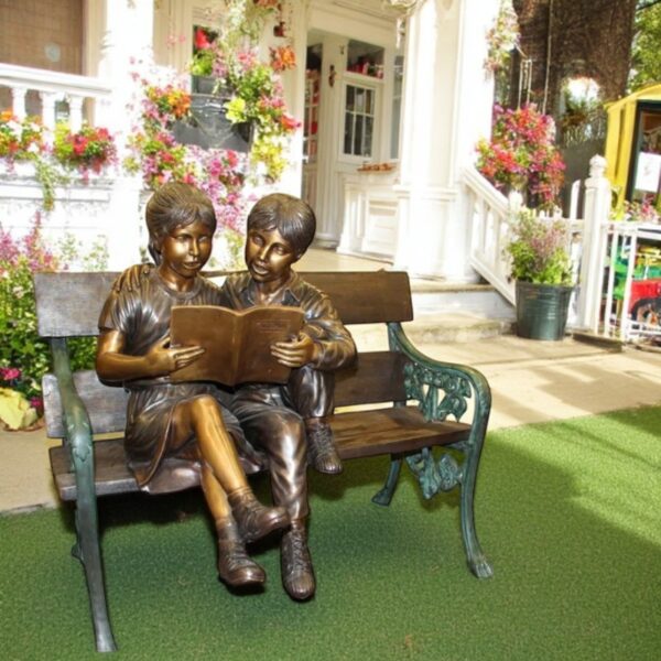 Kids Reading a Book on a Bench Bronze Statue -  Size: 23"L x 38"W x 37"H. - Image 2