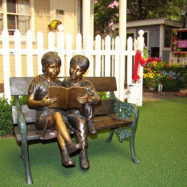 Kids Reading a Book on a Bench Bronze Statue -  Size: 23"L x 38"W x 37"H. - Image 3
