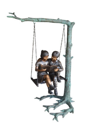 Kids on Swing Set Reading a Book Life Size Bronze Statue -  50"L x 40"W x 70"H.