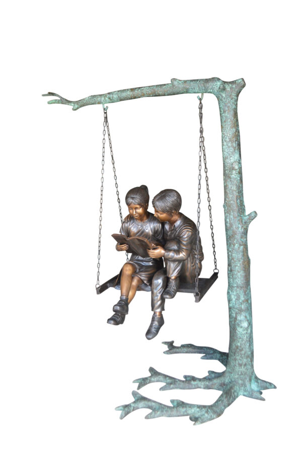 Kids on Swing Set Reading a Book Life Size Bronze Statue -  50"L x 40"W x 70"H. - Image 12