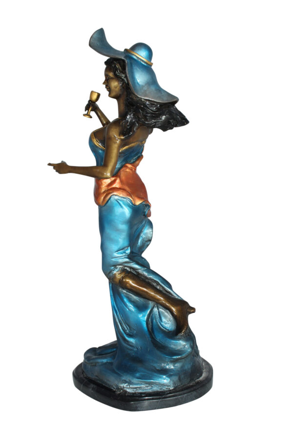 Lady Holding a Wine Glass Bronze Statue -  Size: 9"L x 11"W x 26"H.