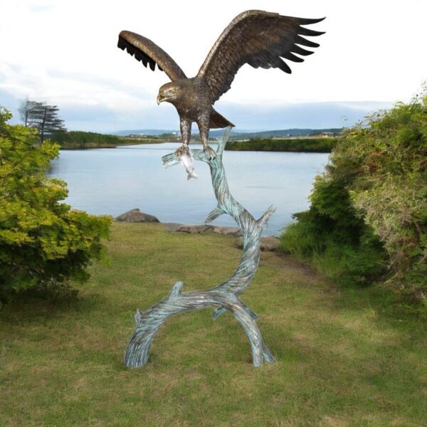 Large Eagle standing on tree with his fish prey Bronze Statue -  60"x 40"x 75"H - Image 2