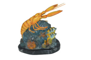 Lobster with Fish Bronze Statue -  Size: 9"L x 18"W x 16"H.