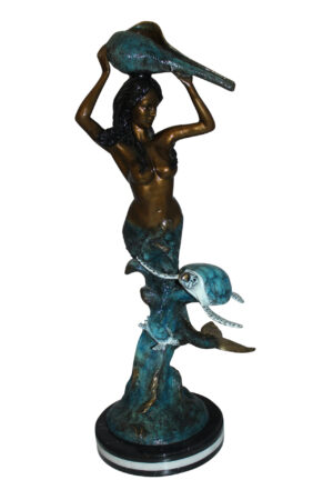 Mermaid 43 holding a shell fountain Bronze Statue -  Size: 14"L x 24"W x 43"H.