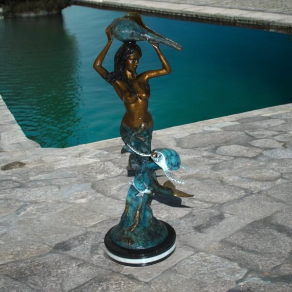 Mermaid 43 holding a shell fountain Bronze Statue Art Nude 14"L x 24"W x 43"H. - Image 3