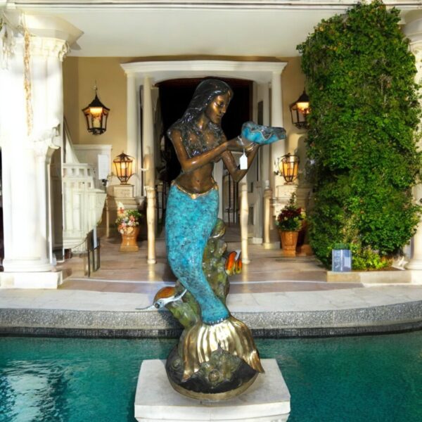 Mermaid holding shell W turtle fish Bronze fountain Art Nude 38" x 24" x 68"H. - Image 2