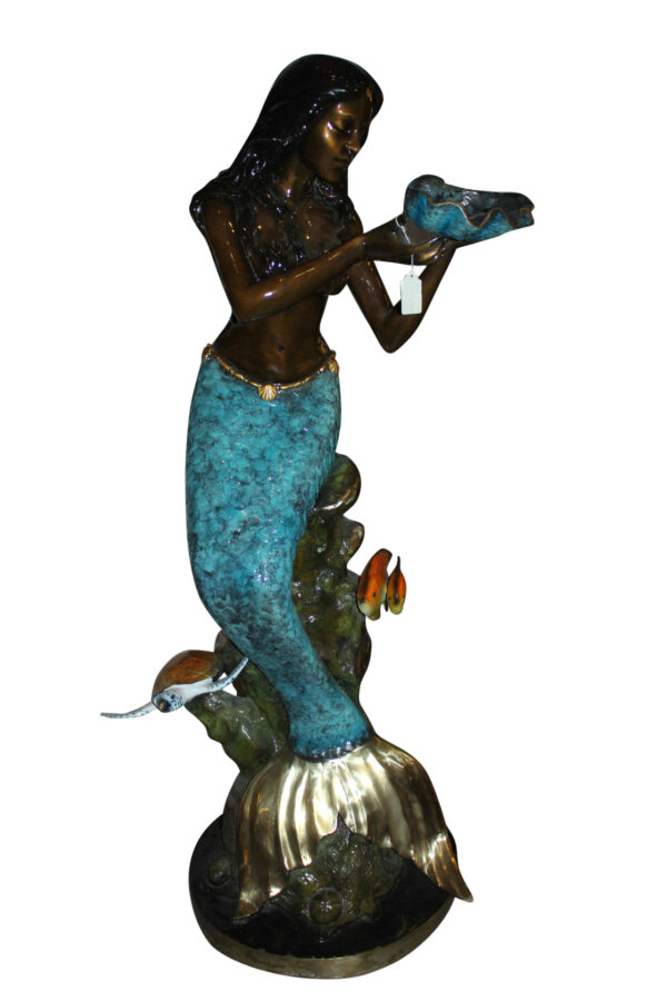 Mermaid holding shell L, W turtle and fish Bronze fountain -  38" x 24" x 68"H.