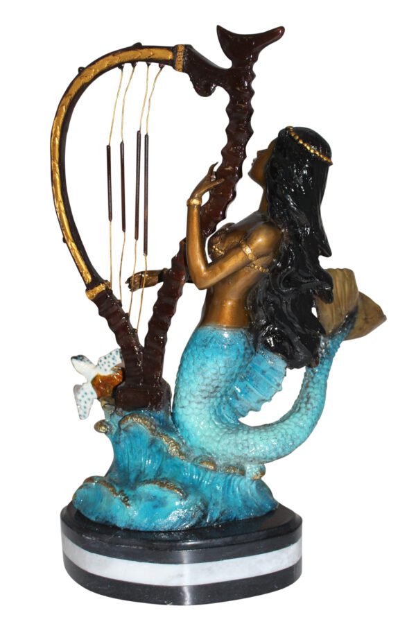 Mermaid play harp Bronze Statue -  Size: 13"L x 8"W x 22"H.