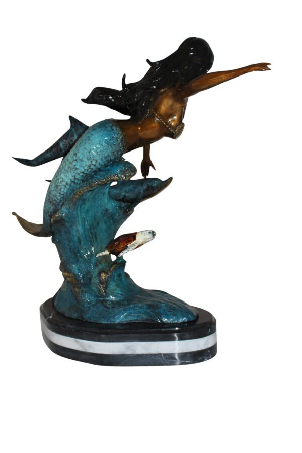 Mermaid w Dolphin and turtle Bronze Statue -  Size: 19"L x 9"W x 22"H.