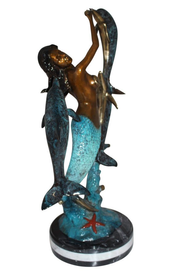 Mermaid with 3 dolphins Bronze Statue -  Size: 16"L x 10"W x 25"H.