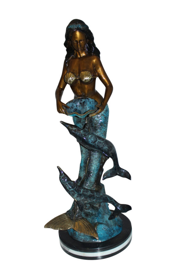 Mermaid with Dolphin Fountain Bronze Statue -  Size: 16"L x 16"W x 39"H.