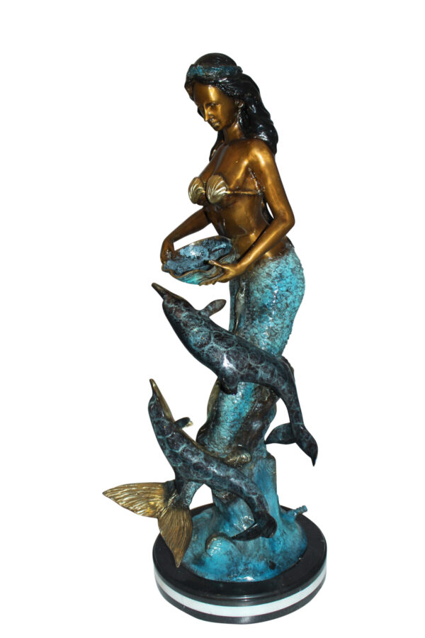 Mermaid with Dolphin Fountain Bronze Statue -  Size: 16"L x 16"W x 39"H.