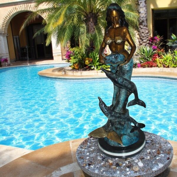 Mermaid with Dolphin Fountain Bronze Statue -  Size: 16"L x 16"W x 39"H. - Image 3