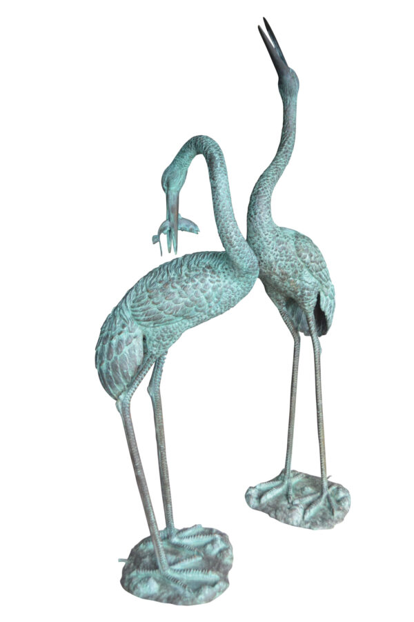 Pair of Cranes fountains Bronze Statues Green Patina -  13"L x 9.5"W x 70"H.