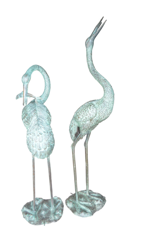 Pair of Cranes fountains Bronze Statues Green Patina -  13"L x 9.5"W x 70"H. - Image 13