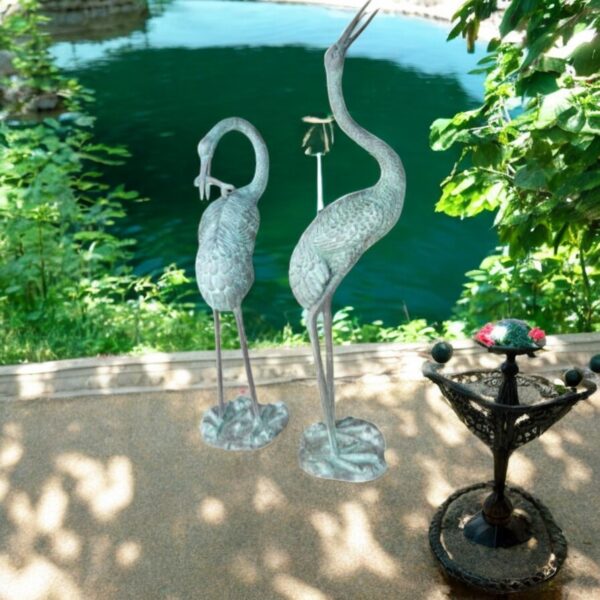Pair of Cranes fountains Bronze Statues Green Patina -  13"L x 9.5"W x 70"H. - Image 2