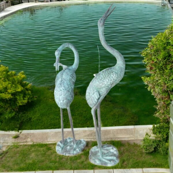 Pair of Cranes fountains Bronze Statues Green Patina -  13"L x 9.5"W x 70"H. - Image 3