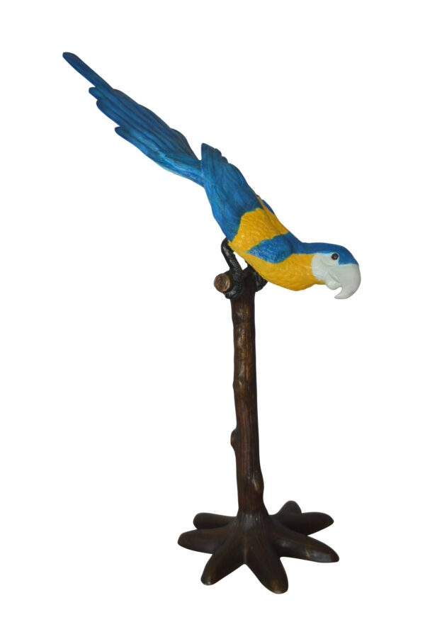 Parrot on Tree - Head Down Bronze Statue -  Size: 39"L x 15"W x 47"H.