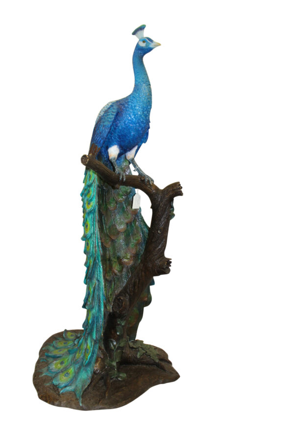 Peacock on Tree Bronze Statue -  Size: 31"L x 30"W x 64"H.