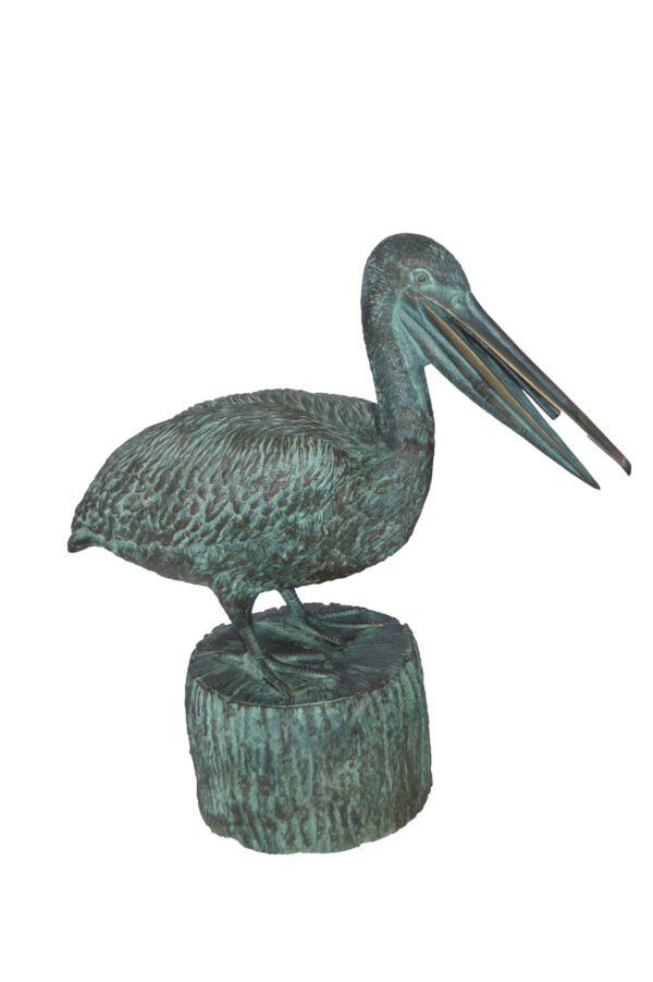 Pelican on a Tree Stump fountain bronze statue -  Size: 30"L x 16"W x 30"H.