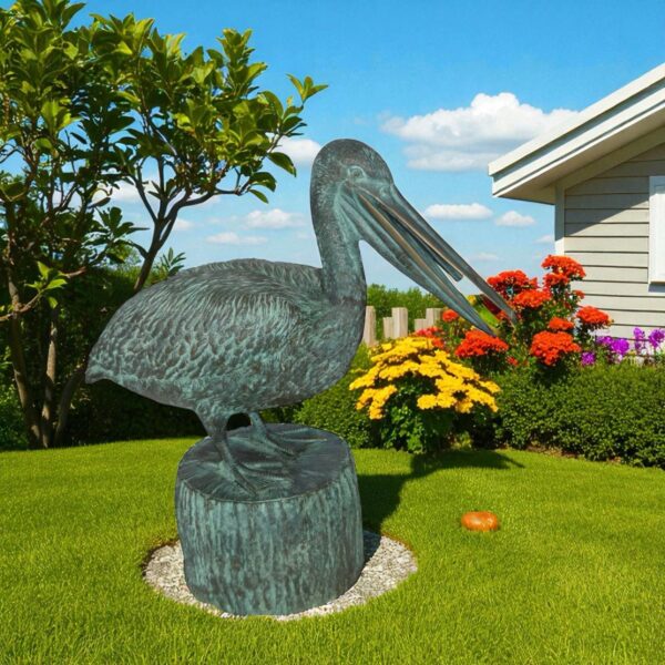 Pelican on a Tree Stump fountain bronze statue -  Size: 30"L x 16"W x 30"H. - Image 2