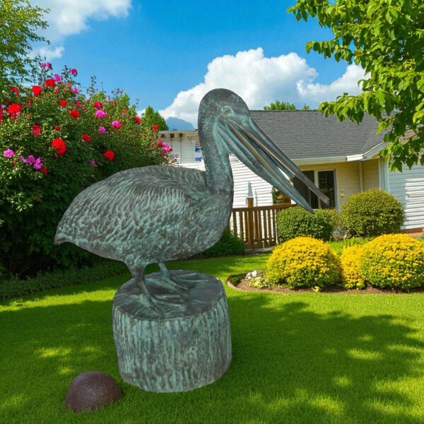 Pelican on a Tree Stump fountain bronze statue -  Size: 30"L x 16"W x 30"H. - Image 3