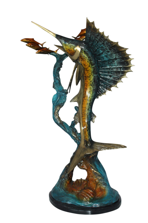 Sailfish With Small Fish Bronze Statue -  Size: 29"L x 17"W x 40"H.