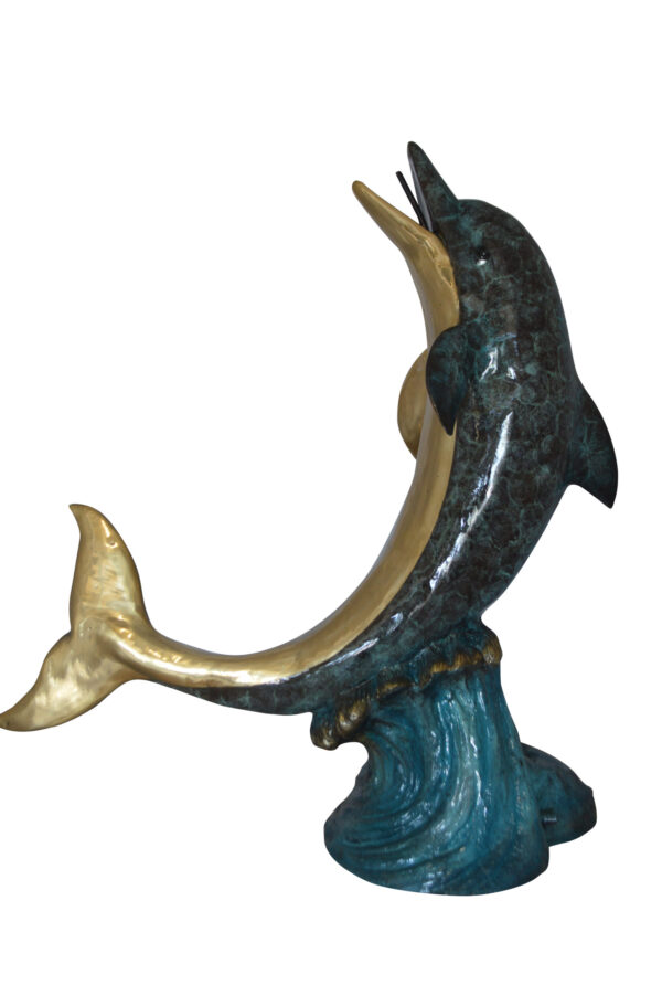 Single Dolphin  On Wave Fountain Bronze Statue -  Size: 48"L x 24"W x 53"H.