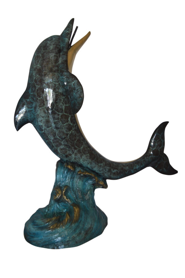 Single Dolphin  On Wave Fountain Bronze Statue -  Size: 48"L x 24"W x 53"H.