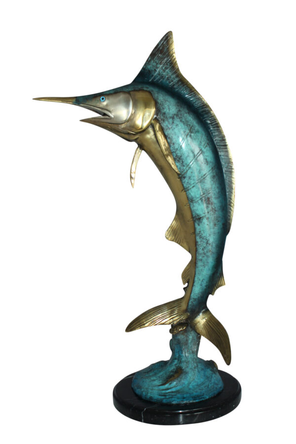 Single Marlin Fish bronze statue -  Size: 9"L x 9"W x 27"H.