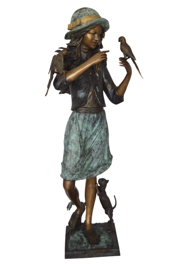 Standing girl with parrots Bronze Statue -  Size: 15"L x 16"W x 41"H.