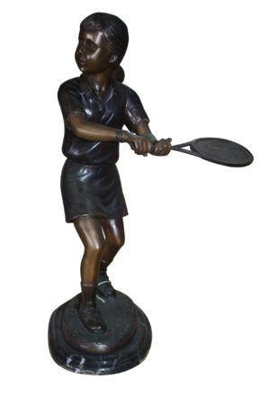 Girl Playing Tennis - Bronze Statue -  Size: 10"L x 11"W x 21"H.