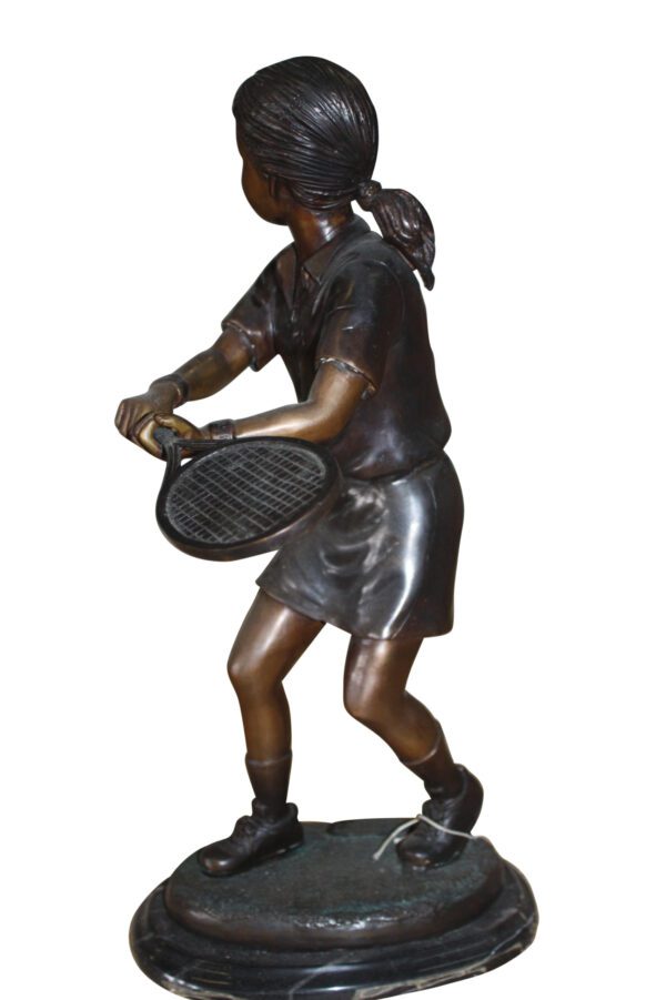 Girl Playing Tennis - Bronze Statue -  Size: 10"L x 11"W x 21"H.