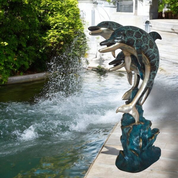 Three Dolphin Fountain  Bronze Statue -  Size: 21"L x 26"W x 45"H. - Image 2