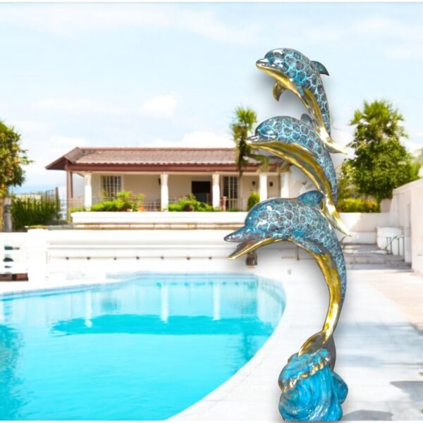 Three Dolphins Overreach Others Bronze Statue -  Size: 28"L x 22"W x 89"H. - Image 3