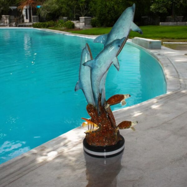 Three Dolphins W turtles and fish Bronze Statue -  Size: 16"L x 16"W x 40"H. - Image 2