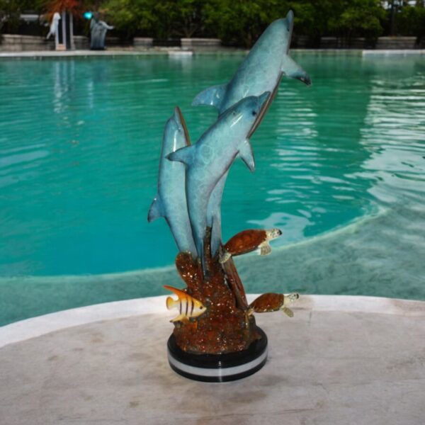 Three Dolphins W turtles and fish Bronze Statue -  Size: 16"L x 16"W x 40"H. - Image 3