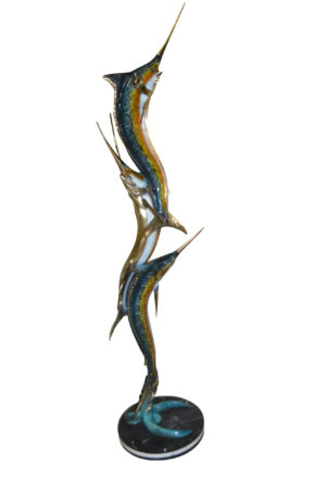 Three Marlin Fish /bronze Fountain on Triple Marble -  15"x 18"x 77"H.