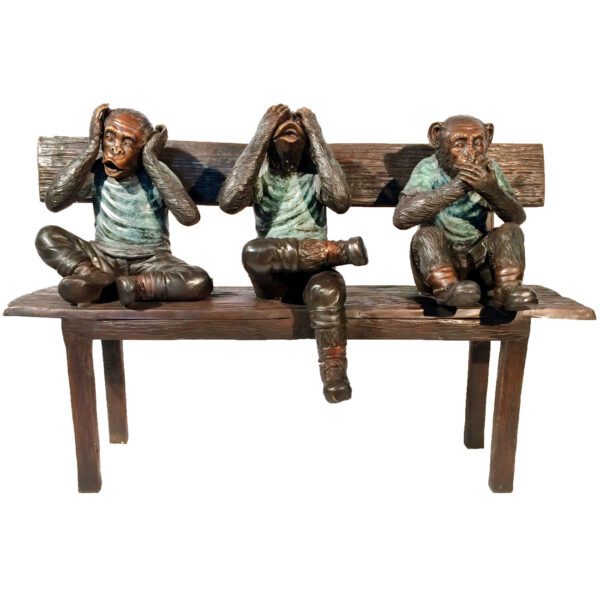 Three Wise Monkeys on Bench Bronze Statue -  Size: 45"L x 19"W x 30"H.