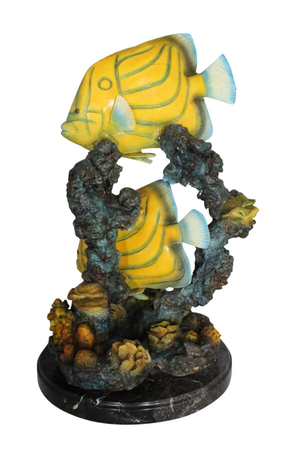 Two Butterfly fish swimming bronze statue -  Size: 12"L x 12"W x 24"H.
